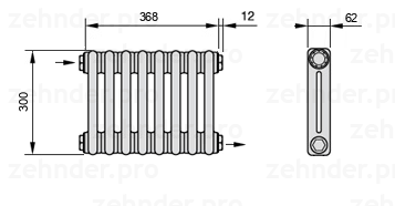 Схема (чертеж) Радиатор Zehnder Charleston 2030/8 №1670 Белый глянцевый RAL 9016